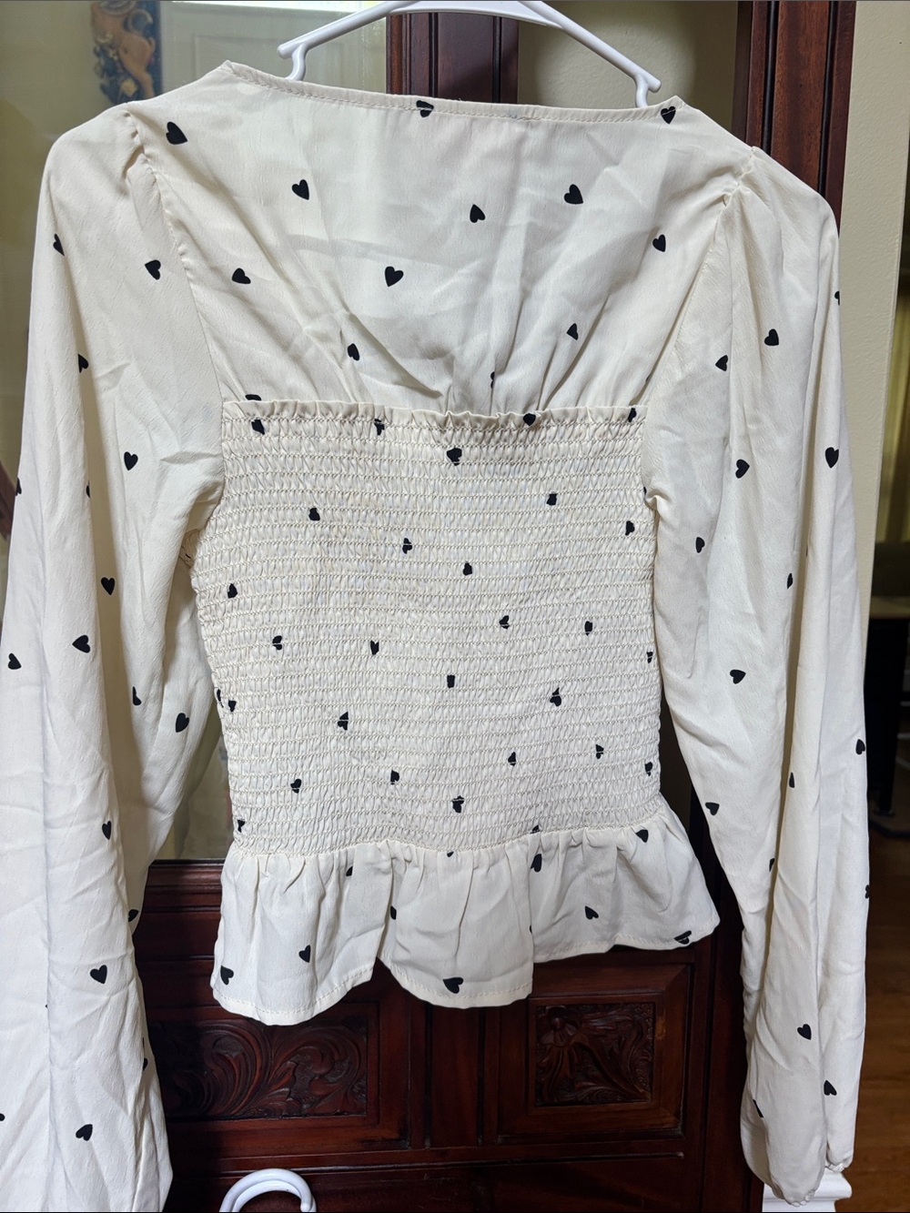 Audrey Parks Cream Smocked Heart-Print Long Sleeve Blouse - Picture 3 of 3